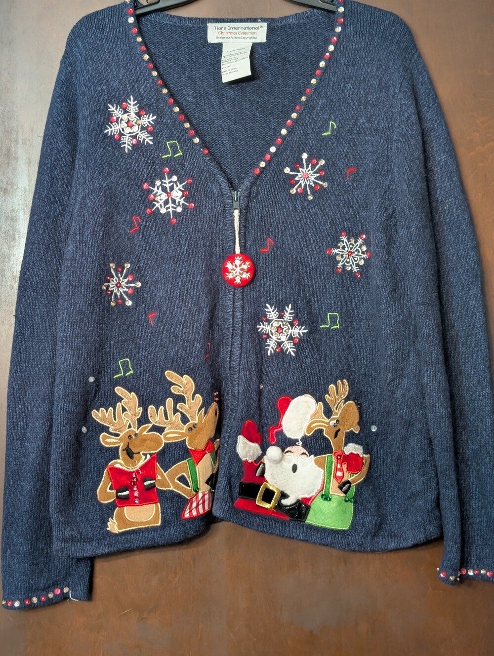 Tiara Navy Christmas Zip-Up Sweater with Reindeer & Snowflake Appliqué- Large